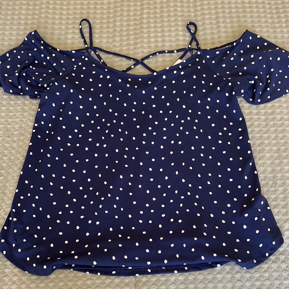 Kaileigh Blue and White Cold Shoulder Blouse with Polka Dots